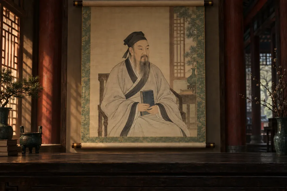 Illustration · AI-generated Mencius as a Ming-dynasty portrait scroll, seated in Confucian scholar's robes and cap holding a bound book of the classics, calm expression, temple hall backdrop of painted silk