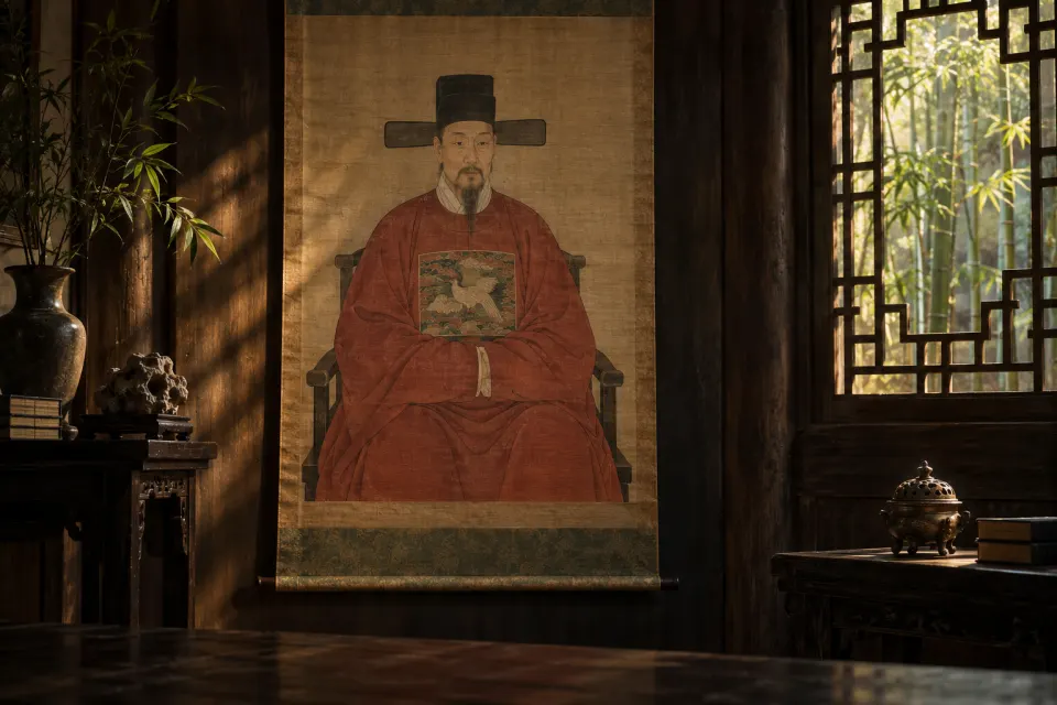 Wang Yangming as a Ming-dynasty portrait scroll, in an official's robe and winged black cap, seated with hands in sleeves, bamboo grove through a window evoking his Guizhou exile