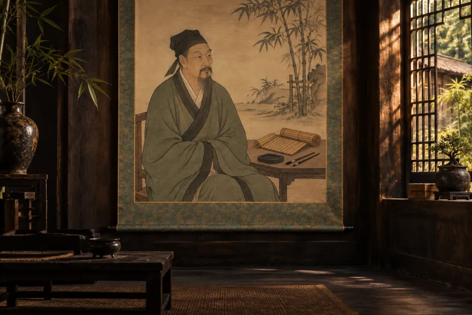 Xunzi as a Ming-dynasty ink-and-colour portrait of an ancient sage, seated teacher in scholar's robes with bamboo-slip books at his side and students' brushes on a low table