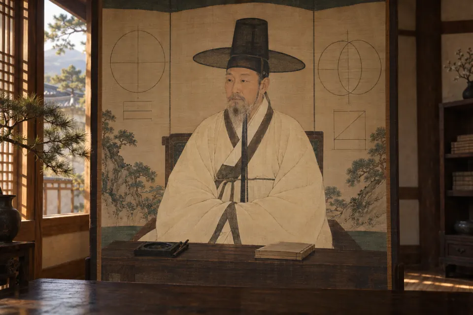 Illustration · AI-generated Yi Hwang (Toegye) as a Joseon portrait painting, seated in a pale scholar's robe and black horsehair hat at a low desk, folded screen of diagrams behind, Korean ink and colour