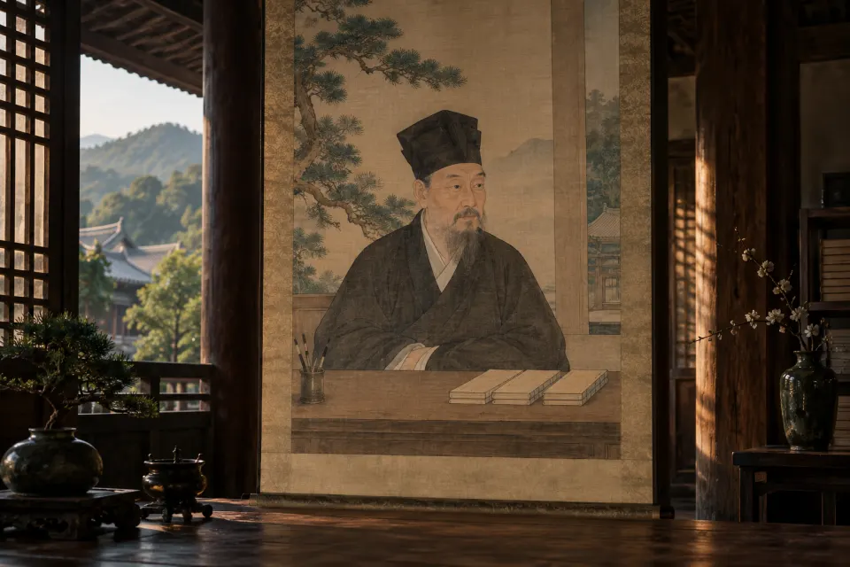 Illustration · AI-generated Zhu Xi as a Southern Song hanging scroll portrait, seated scholar in black cap and robe at a table with the Four Books, a quiet academy hall in Fujian behind him