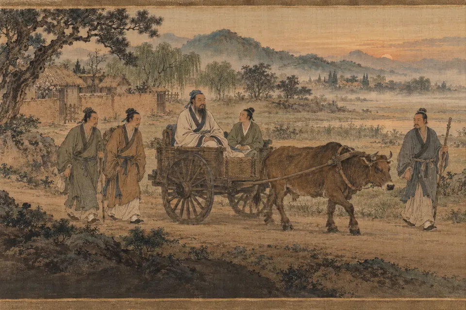 A bearded teacher in plain robes and a few disciples on a simple cart travelling a country road past small farm walls in the state of Lu, 5th century BCE, hills in mist, misty dawn