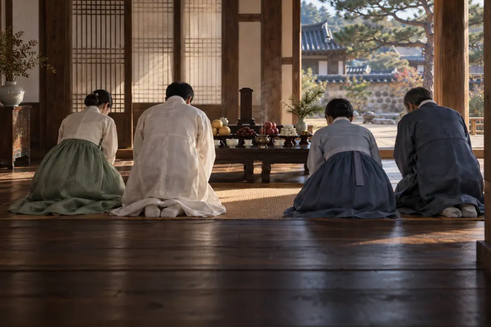 A South Korean family in hanbok bowing before a ritual table of fruit, rice cakes and incense with an ancestral tablet, in a traditional hanok home in Andong, soft morning light