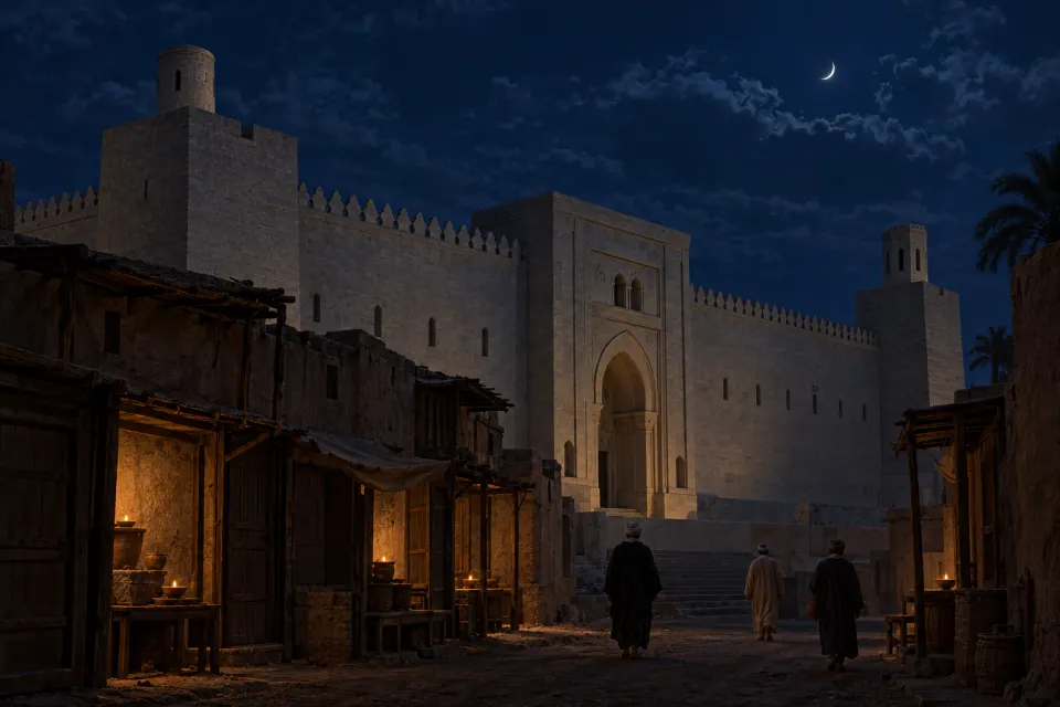 Fatimid Cairo, about 1017: the stone minarets and gate of the Mosque of al-Hakim above lamp-lit shop fronts, townspeople in robes and turbans small in the street, moonlit jewel-toned night