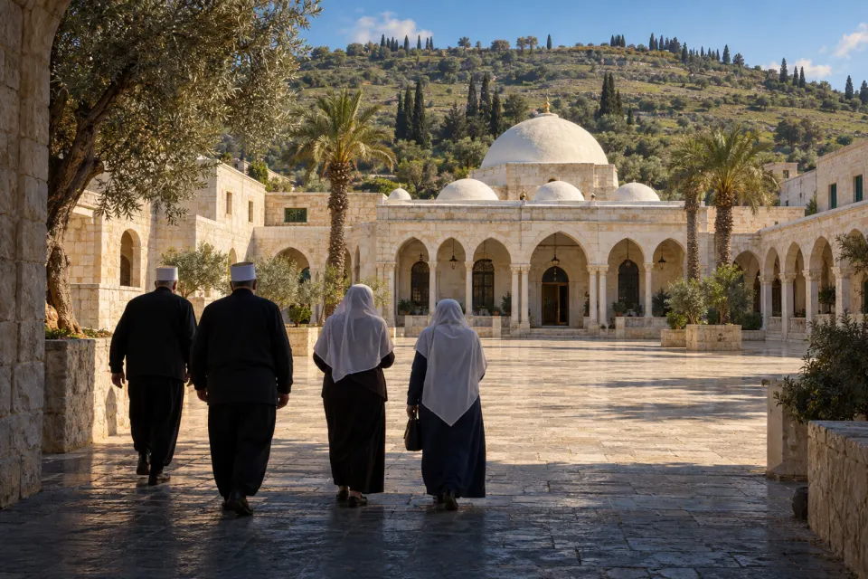 The whitewashed domed shrine of Nabi Shu'ayb in the Lower Galilee near Tiberias, Druze pilgrims in white headscarves and caps arriving on a stone path, spring green hills, bright morning