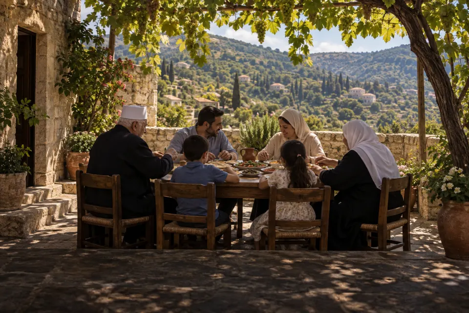 A Druze family of three generations at a meal under a vine pergola in a stone courtyard in Lebanon's Shouf mountains, men in white caps, women in white veils, late morning dappled light
