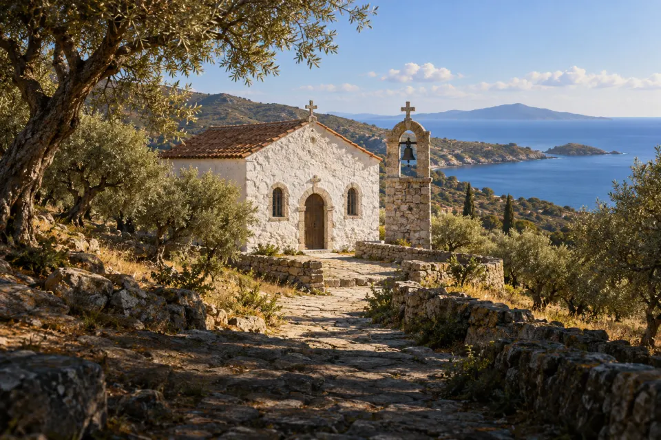 A whitewashed Orthodox village church among olive groves and green hills on Imbros (Gökçeada), the Aegean beyond, a quiet stone path, no people, clear morning light