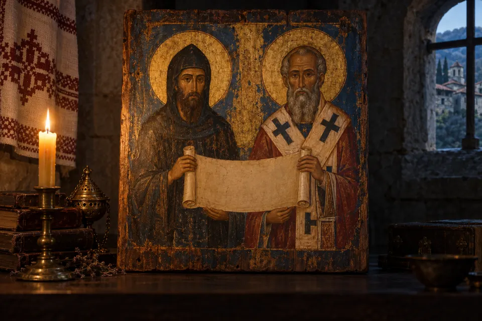 Illustration · AI-generated Cyril and Methodius as a 19th-century Bulgarian National Revival icon, two brothers in monk's and bishop's vestments holding a scroll between them, halos, gold ground
