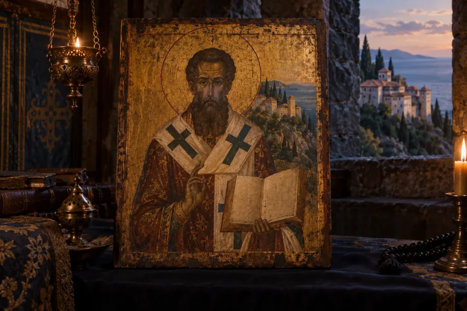 Gregory Palamas as a 14th-century Byzantine icon, an archbishop in vestments with an open book, a stone monastery of Mount Athos on a wooded slope behind, gold ground