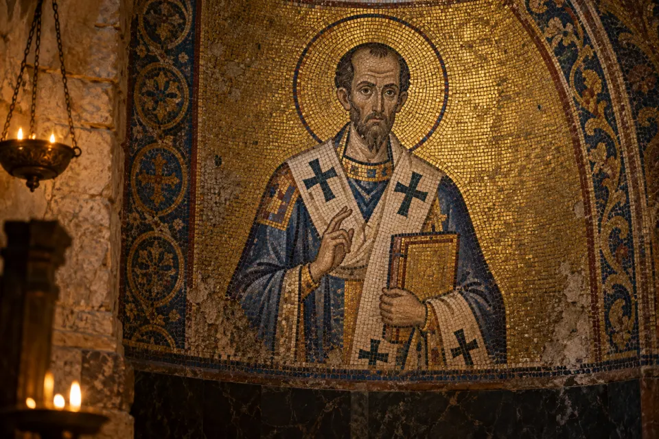 Illustration · AI-generated John Chrysostom as an 11th-century Byzantine mosaic, archbishop in white omophorion with crosses, high forehead, thin beard, hand raised in speech, gold tesserae ground