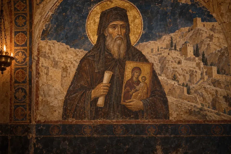 Illustration · AI-generated John of Damascus as a Byzantine fresco, a monk in dark habit holding a small icon of the Theotokos and a scroll, the cliffs of Mar Saba behind