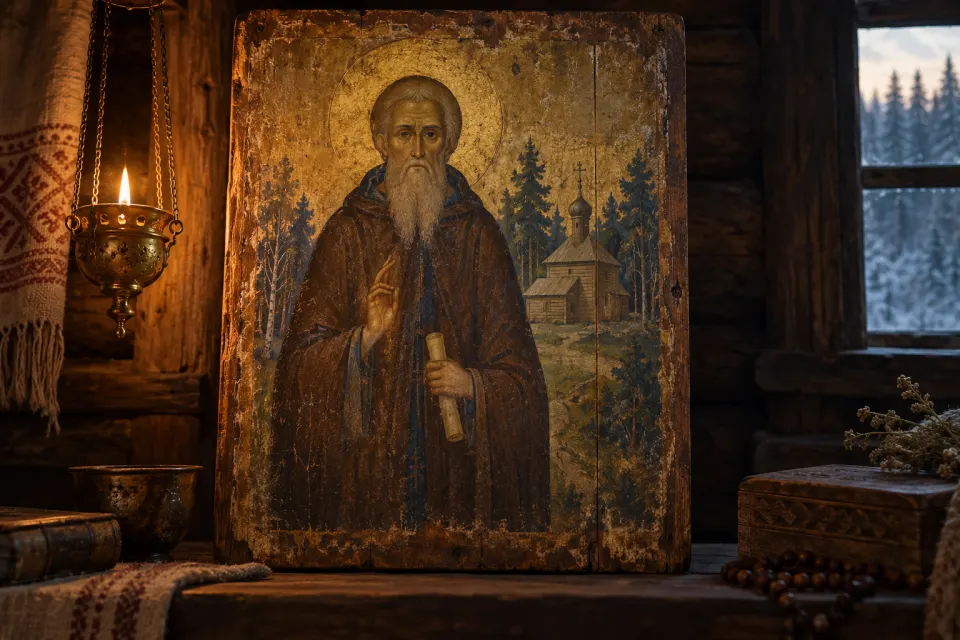 Illustration · AI-generated Sergius of Radonezh as a 16th-century Russian icon, an elderly monk in a patched dark habit, a small timber church among northern forest behind him, halo, ochre ground