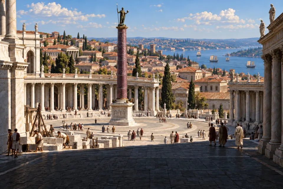 Constantinople in the 330s, a new imperial forum with a tall porphyry column, the Golden Horn and ships beyond, citizens and workmen in late Roman tunics, hard noon sun on marble