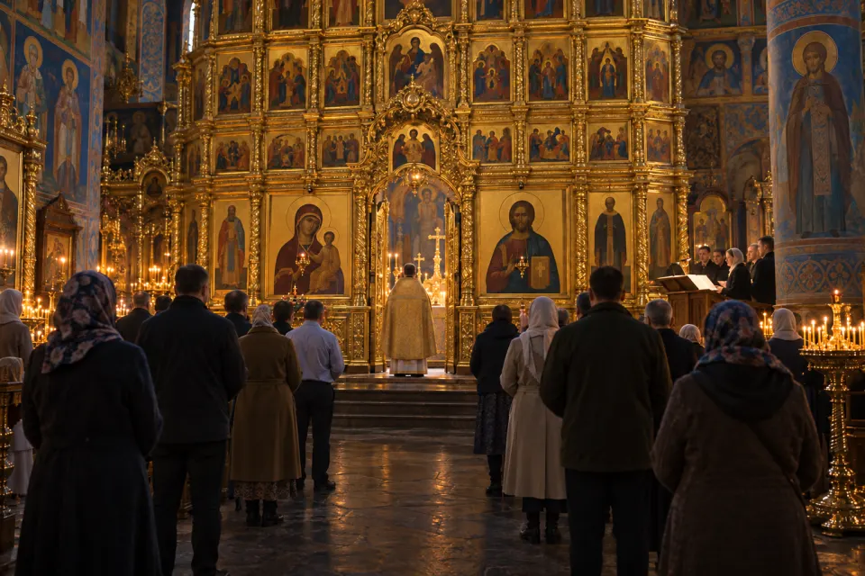 The Divine Liturgy at the Trinity Lavra of St Sergius, Sergiev Posad, worshippers standing before the gold iconostasis, a priest at the royal doors, a choir singing without instruments, candlelight