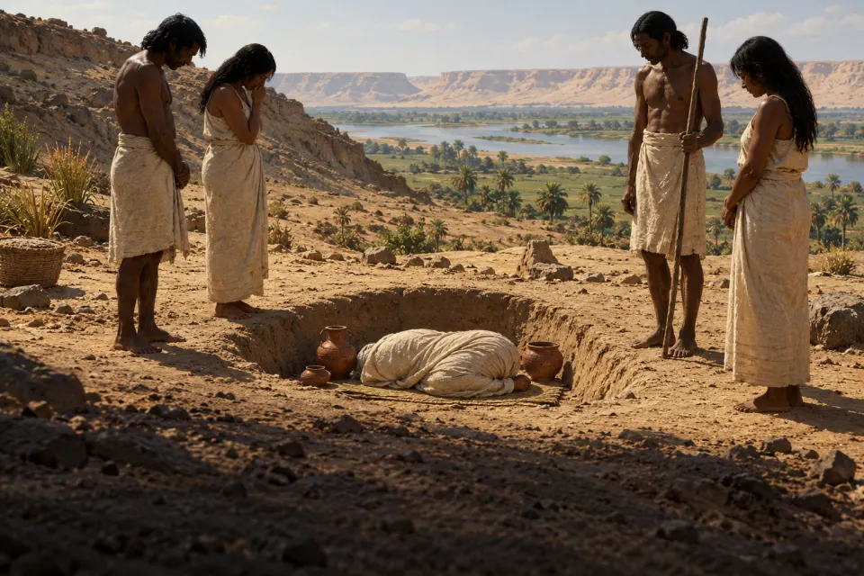 A predynastic burial at Hierakonpolis c. 3500 BCE, a linen-wrapped body laid facing west in a desert grave with pots, mourners in kilts, Nile floodplain and low cliffs, hard noon sun