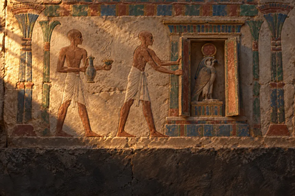 Egyptian priests in white linen with shaved heads opening the shrine of a god's statue at dawn in a columned sanctuary, water and incense, as a painted temple relief, raking dawn light