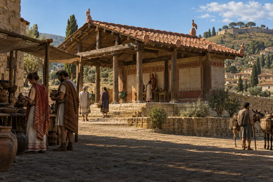 An Etruscan hill-town c. 600 BCE, tufa walls and a temple with painted terracotta roof ornaments, townsfolk in mantles and pointed shoes in the square, hard clear daylight