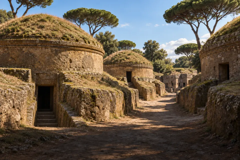 The Banditaccia necropolis at Cerveteri, rows of rock-cut tufa tumulus tombs along paved lanes like a city of the dead, umbrella pines, hard clear daylight