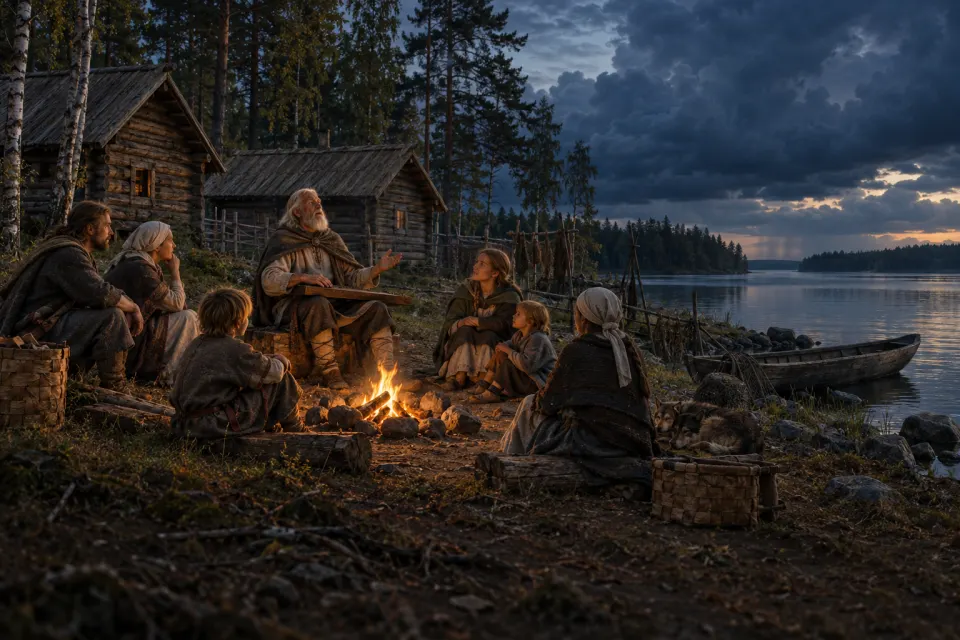 A Baltic-Finnic lakeside village near Lake Ladoga, 11th century, log huts and birch-bark boats, villagers listening to an old man sing, thunderhead sky for the god Ukko, firelight against cold blue dusk