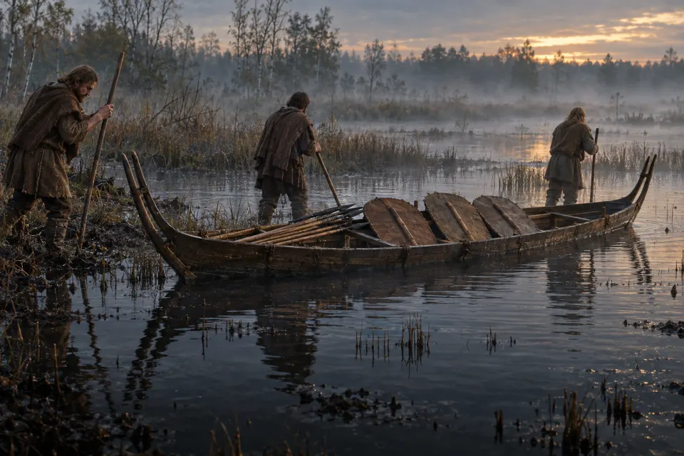 Iron Age Danes sinking a plank boat, spears and shields into the bog at Hjortspring on Als, c. 350 BCE, wool tunics, mist over still black water, cold blue dawn