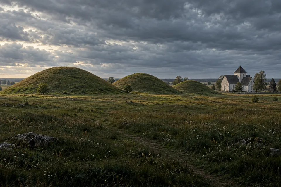 The three great royal burial mounds of Gamla Uppsala on a grassy plain, the small white medieval church at their edge, heavy overcast sky over the Swedish fields