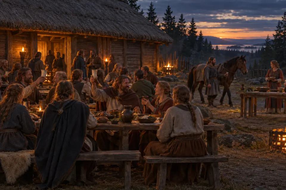 Iron Age Scandinavians feasting outside a timber hall, drinking horns raised toward a wooden altar, a horse led in, long firelit tables against cold blue dusk