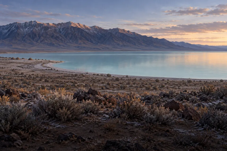 Walker Lake in Nevada, a flat pale-blue desert lake ringed by sagebrush flats and the dry Wassuk Range, a few brush wickiups far off on the shore, empty landscape, cold winter dawn