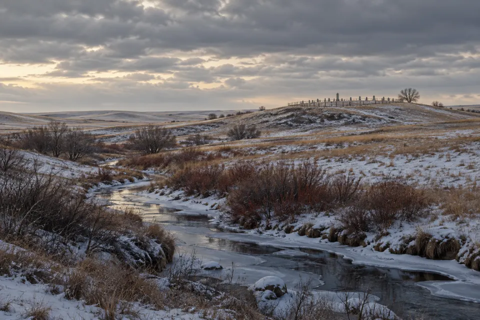 Wounded Knee Creek, South Dakota, a snow-dusted Great Plains valley with a bare creek and a quiet hilltop cemetery with simple fence and markers, heavy grey winter sky, stillness