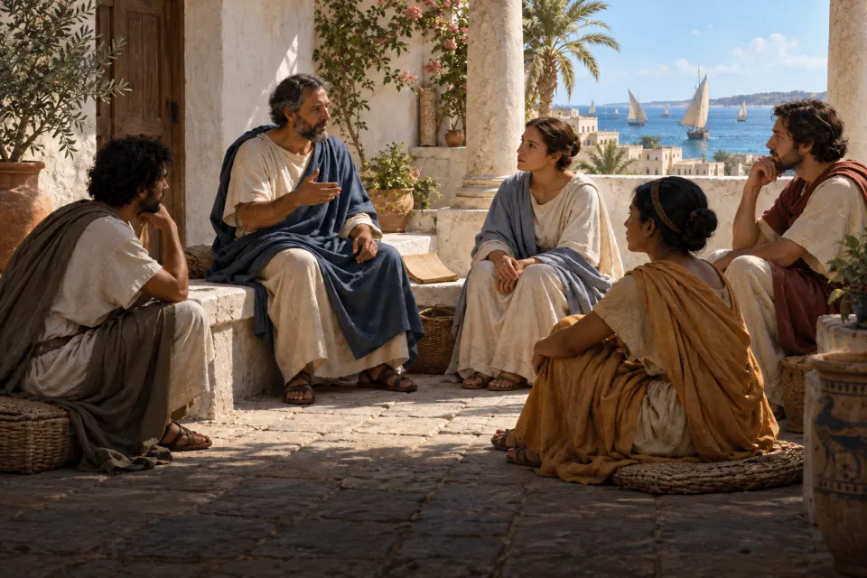 A teacher in a Greek mantle with students around him in a courtyard in Alexandria, c. 150 CE, a papyrus codex open on a stone bench, whitewashed walls and a harbour glimpsed, hard noon sun