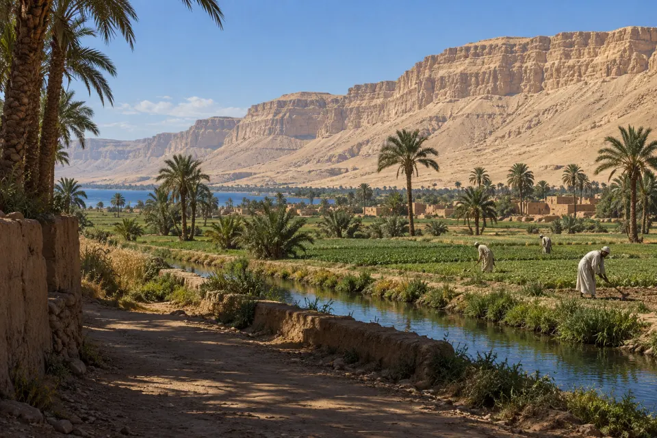 Setting: the Nile valley near Nag Hammadi in Upper Egypt, date palms and green fields below pale limestone cliffs, a few farmers in 1945 working dress far off, hard noon light