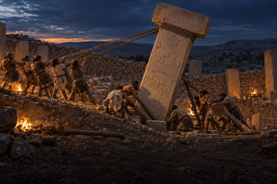 Hunter-gatherers in hides hauling a carved T-shaped limestone pillar upright with ropes and wooden levers at Göbekli Tepe, c. 9500 BCE, foxes and boars carved on it, firelight against cold night