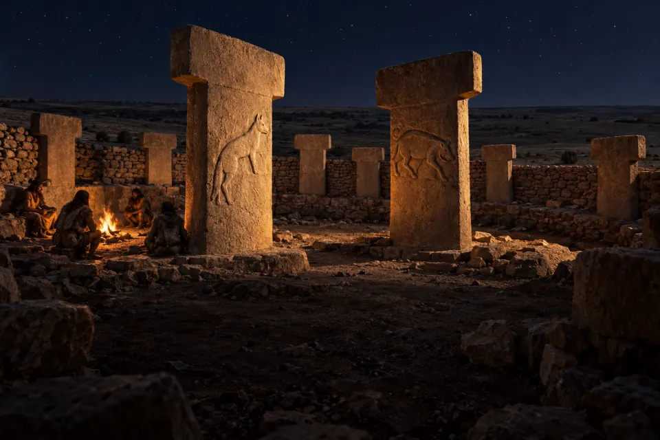 A ring of tall carved T-shaped limestone pillars at Göbekli Tepe above the Şanlıurfa plain, hunter-gatherers gathered around a fire in the enclosure, stars over the hilltop, cold night