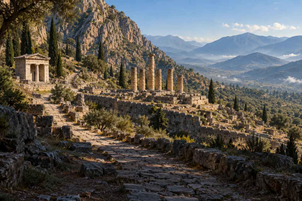 The ruined temple of Apollo and the Sacred Way lined with treasuries at Delphi on Mount Parnassus, cypress trees and the valley below, hard clear morning sun