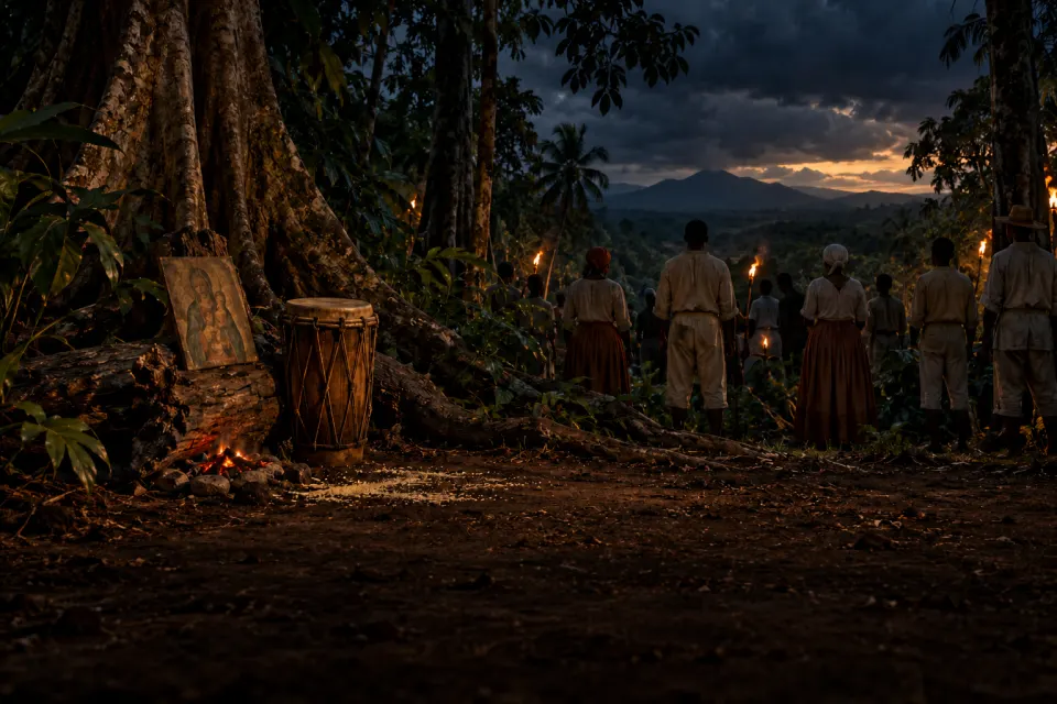 Saint-Domingue, August 1791: a night forest clearing near Cap-Français, a vèvè drawn in cornmeal on the earth, a drum and a Catholic saint print on a log altar, distant torches, silhouettes seen from behind