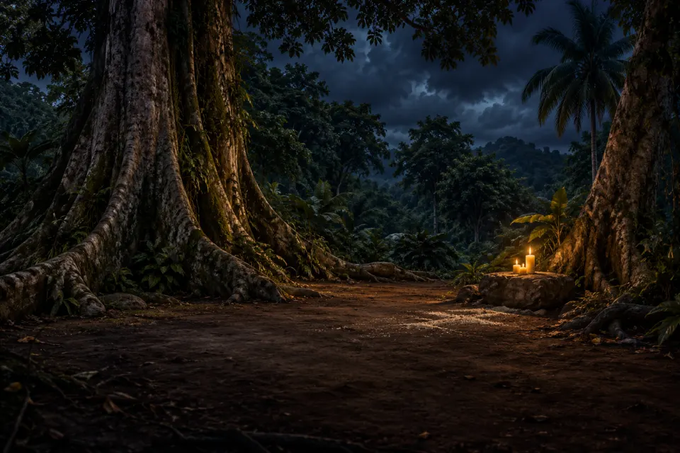 A forest clearing at Bois-Caïman near Cap-Haïtien, Haiti: mahogany and kapok trees ringing bare earth, a small cornmeal vèvè and a cluster of candles, humid night under storm clouds, no figures