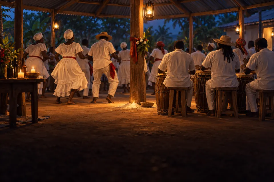A Vodou temple in Haiti: an oungan's cornmeal vèvè on the packed floor, bottles, candles and a rum-poured offering, drummers and white-robed devotees dancing seen from behind, warm lamplight