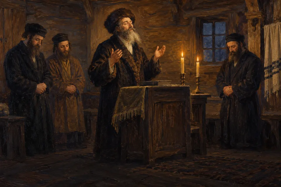 The Baal Shem Tov in a fur-trimmed kaftan praying ecstatically with a few disciples in a candlelit wooden prayer house at Medzhybizh, c. 1740, as a 19th-century Jewish folk painting, chiaroscuro