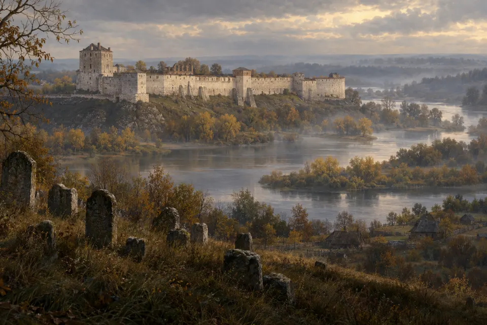 The hilltop fortress and river of Medzhybizh, Podolia, Ukraine, with the old Jewish cemetery slope and wooden houses below, grey autumn mist, soft overcast light