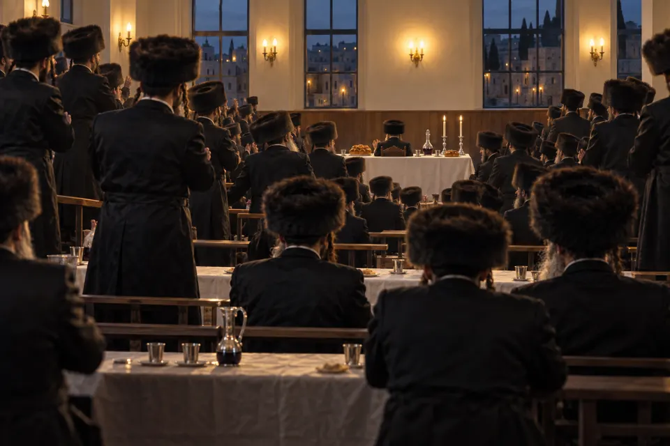 Hasidim in black coats and fur shtreimels packed on tiered benches at a rebbe's Sabbath tish in a large plain hall near Mea Shearim, Jerusalem, a small head table at the far end, warm lamplight