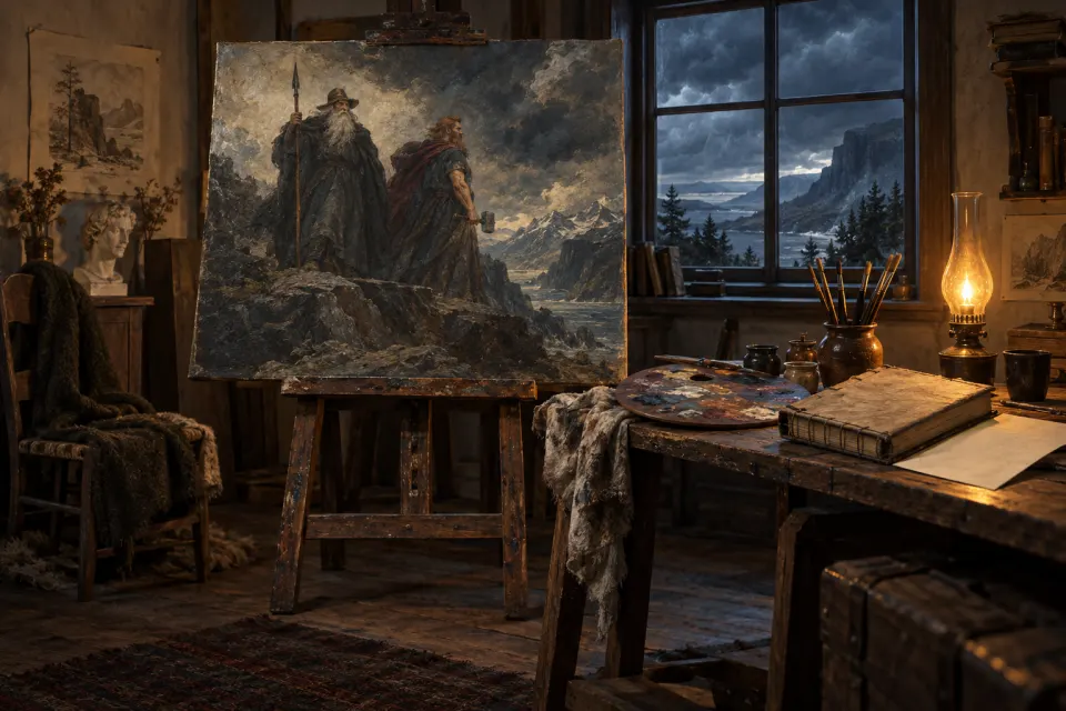A 19th-century Romantic painter's studio in Germany, an easel with a stormy cliff-top scene of Norse gods, a vellum Icelandic manuscript on the table, chiaroscuro lamplight and a storm sky at the window