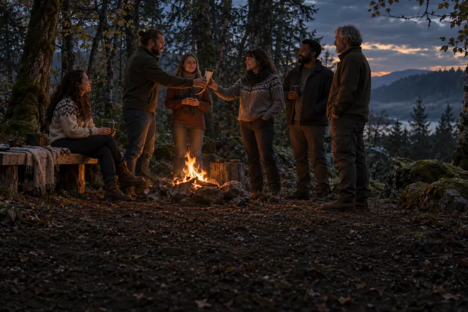 A kindred of present-day Heathens in ordinary jackets and woollen jumpers around a small fire in a woodland clearing, a drinking horn passed hand to hand, cold blue dusk