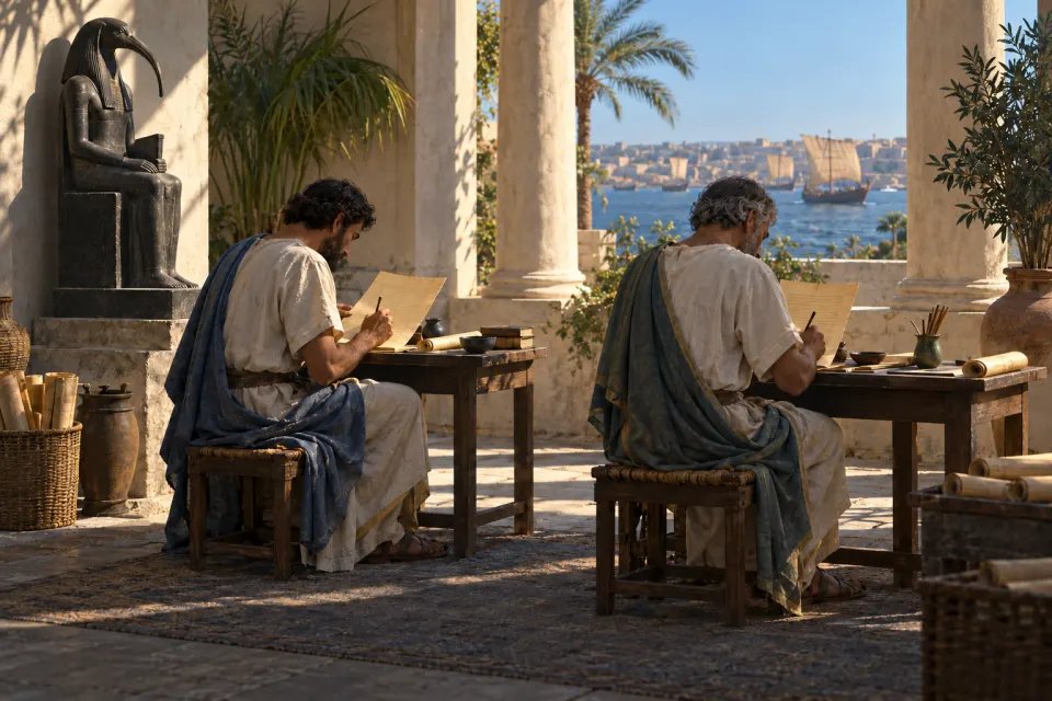 Greek-speaking scribes writing dialogues on papyrus in a colonnaded courtyard of Roman Alexandria, c. 200 CE, an Egyptian statue beside Greek columns, harbour glimpsed beyond, hard clear daylight