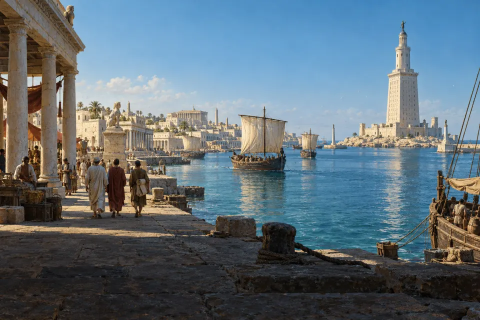 The harbour of Roman Alexandria with the Pharos lighthouse, sailing ships and a colonnaded quay, scholars in himations on the waterfront, hard clear noon sun on blue sea