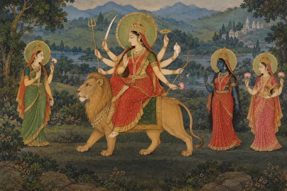 The Goddess as warrior Durgā on her lion, with Pārvatī, Kālī and Lakṣmī shown smaller beside her, as an 18th-century Kangra Pahari miniature in saffron and deep red