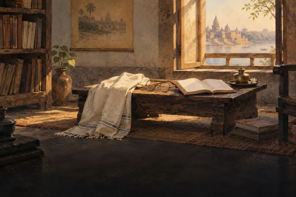 Illustration · AI-generated Mohandas K. Gandhi, an elderly man in white khadi and round spectacles, reading an open Bhagavad Gītā at a low desk, as a 1940s Bengal School wash painting, window light