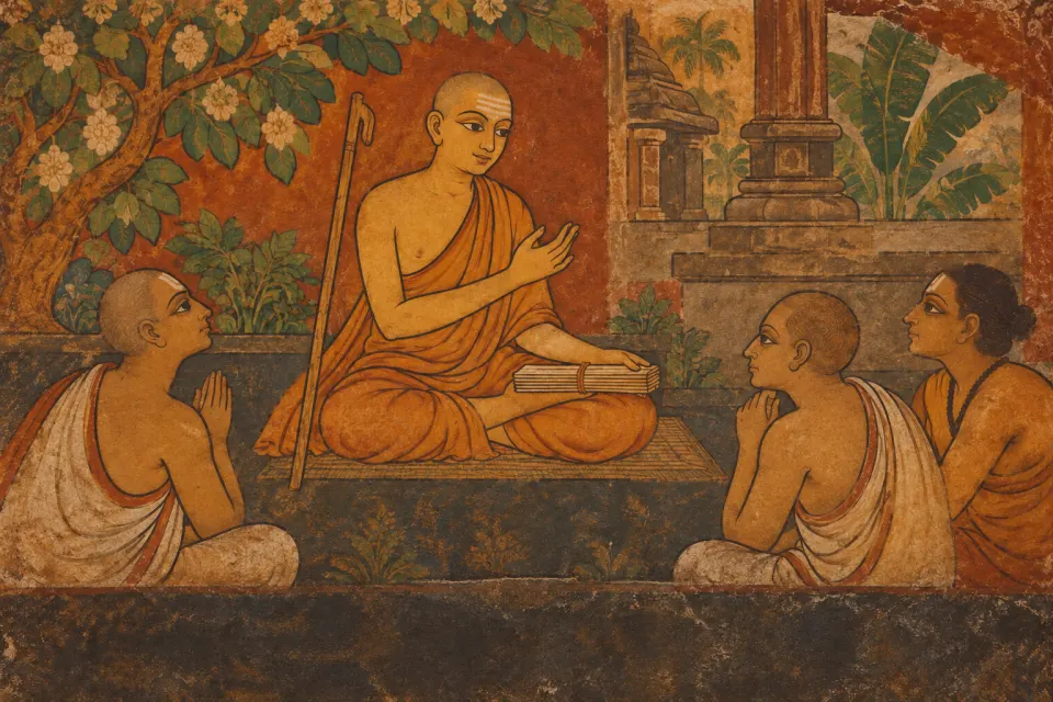 Illustration · AI-generated Śaṅkara, a young ascetic teacher with staff and palm-leaf manuscripts, seated before disciples, as a Kerala temple mural painting in red ochre, green and yellow