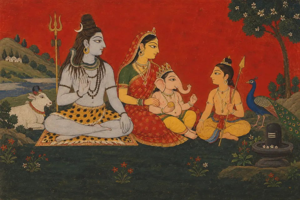 Śiva as a matted-haired yogi seated with Pārvatī and their sons Gaṇeśa and Skanda beside a liṅga, as a Basohli Pahari miniature in deep red and blue
