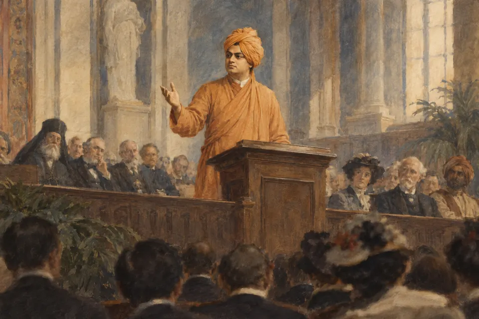 Swami Vivekananda, a young Bengali monk in ochre robe and turban, speaking at a platform in Chicago, 1893, as a Bengal School wash painting, soft hall light
