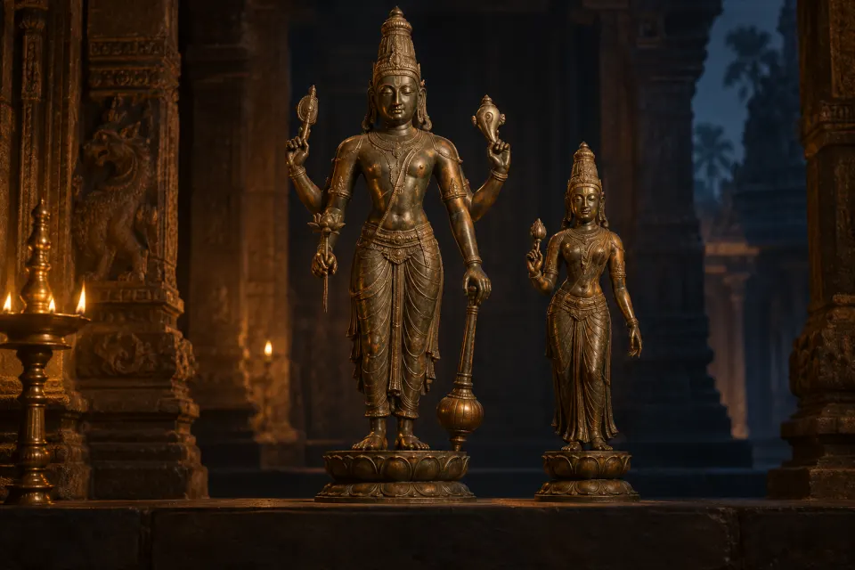 Viṣṇu standing four-armed holding conch, discus, club and lotus, with Lakṣmī beside him, as an 11th-century Chola bronze, dark patina, oil-lamp glow