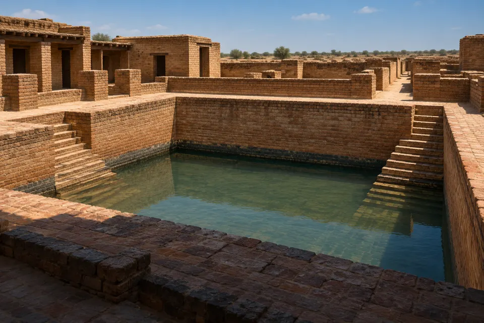 The fired-brick Great Bath of Mohenjo-daro, an Indus city, empty steps descending to the pool between straight brick streets, hard noon sun, c. 2500 BCE